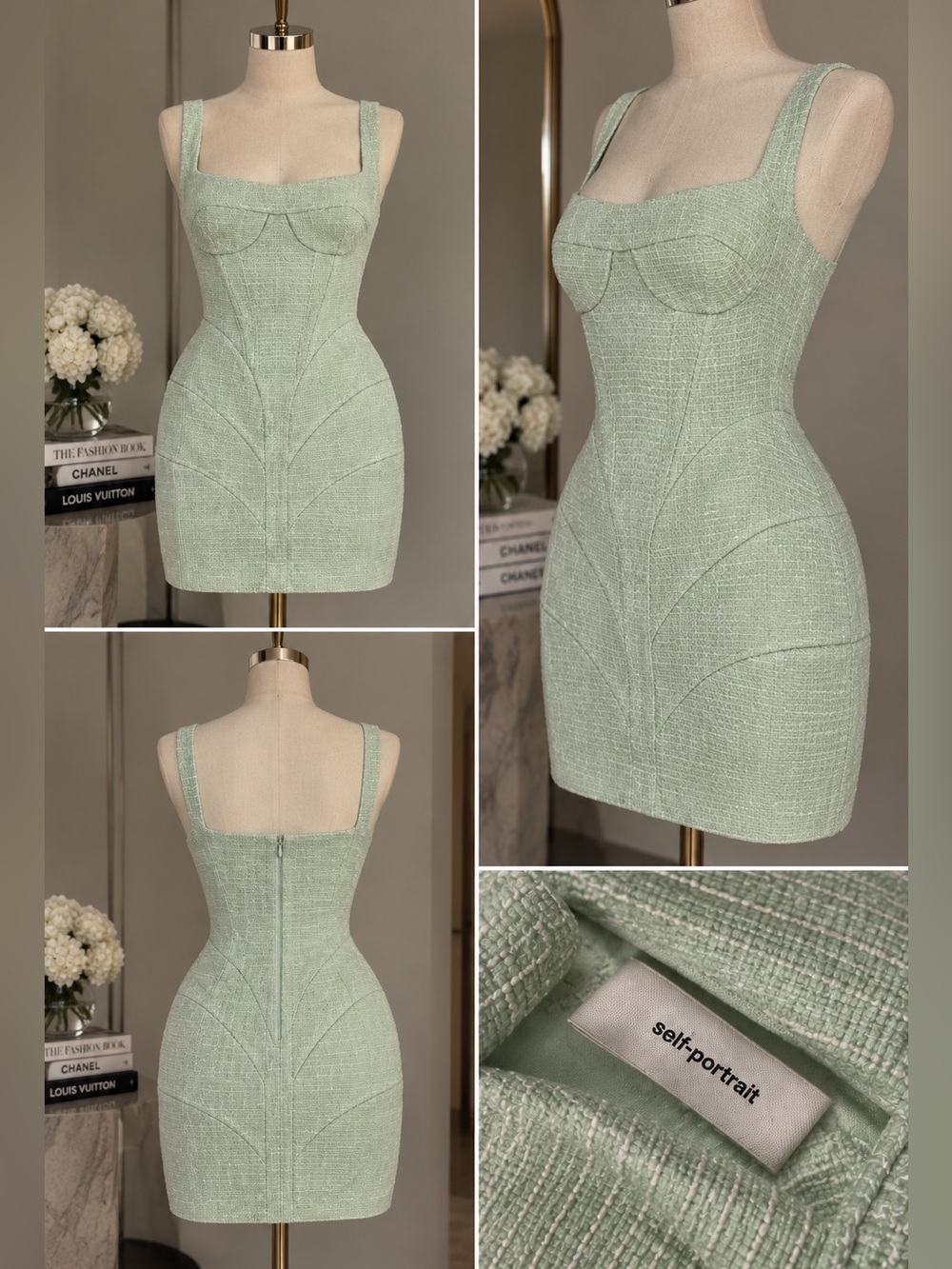 Self-Portrait Mint Green Tweed Sculpted Mini Dress